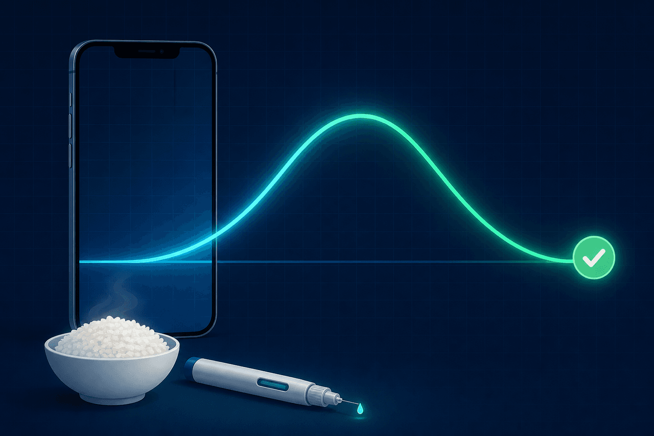 スマホの血糖トレンド曲線が山を作って基準線に戻り、CIRが適切だとチェックが付く様子。糖質（ご飯）とインスリンペン。